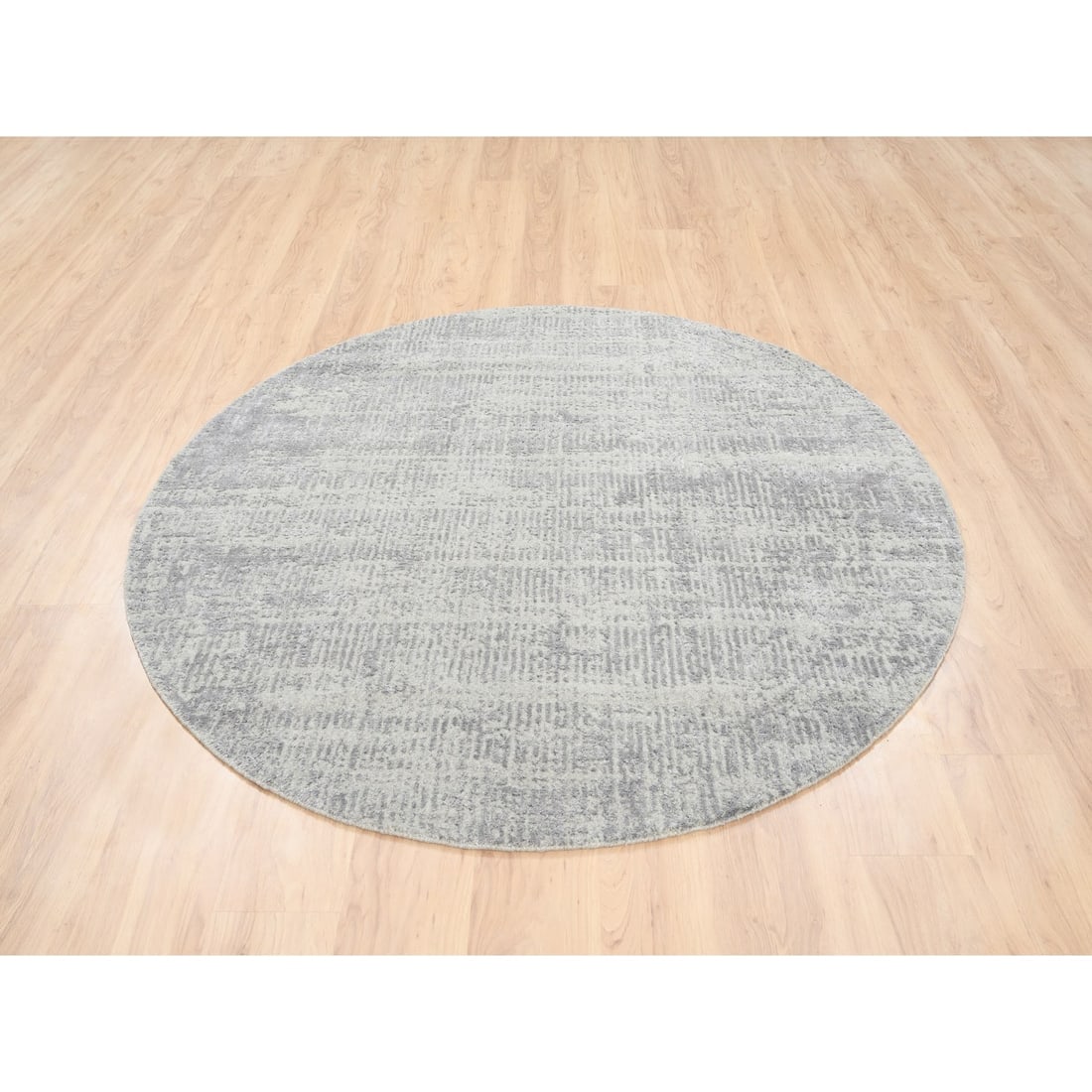 Fine Jacquard Gray Hand Loomed Modern Design Wool and Silk Round Rug - 2