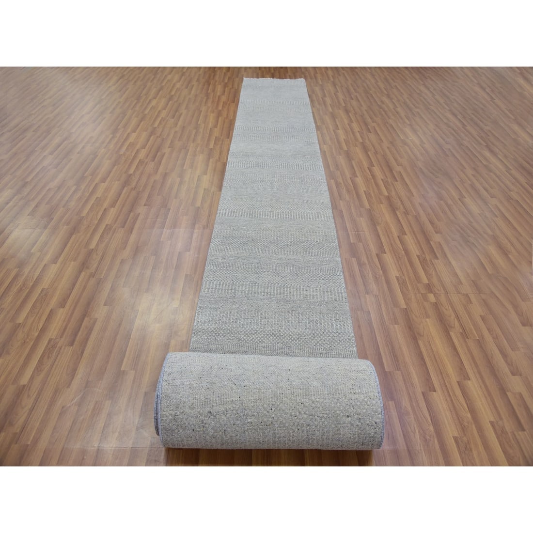 Gray Hand Knotted Organic Undyed Wool XL Runner Grass Design Rug - 2