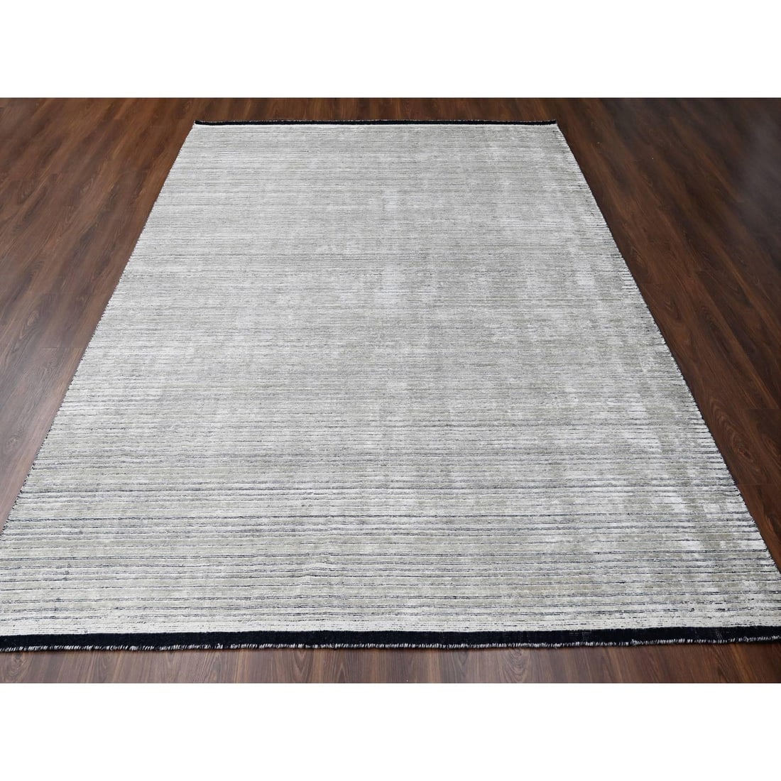 Taupe and Black Hand Loomed Modern Design Wool and Silk Oriental Rug - 2