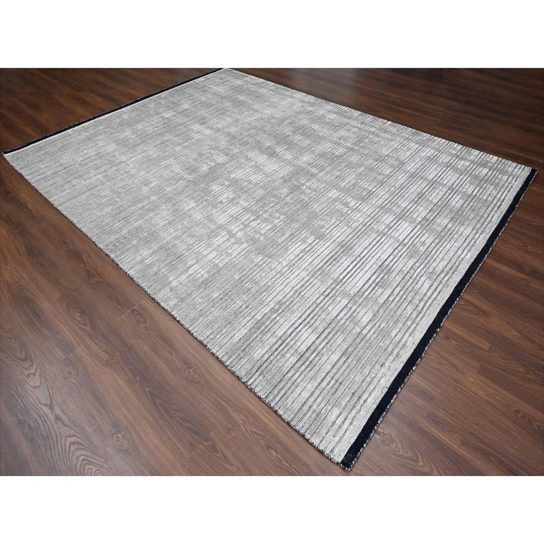 Taupe and Black Hand Loomed Modern Design Wool and Silk Oriental Rug - 3