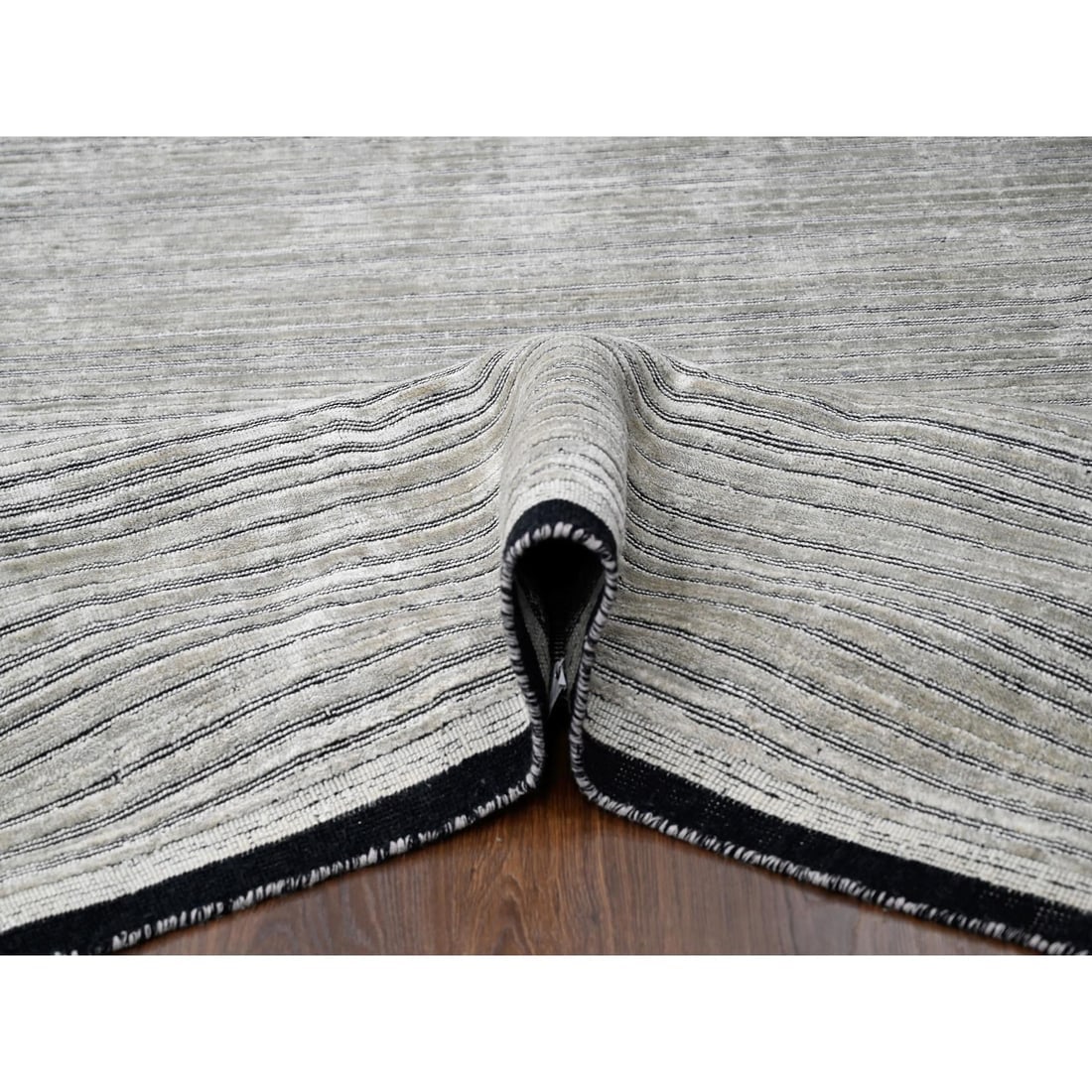 Taupe and Black Hand Loomed Modern Design Wool and Silk Oriental Rug - 5