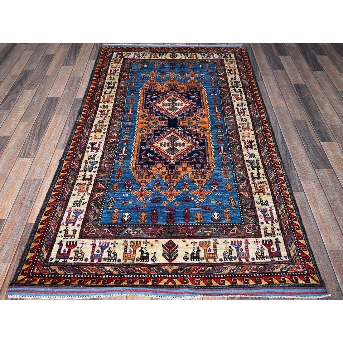 Blue Afghan Ersari with Caucasian Design Revival Hand Knotted Wool Rug - 2