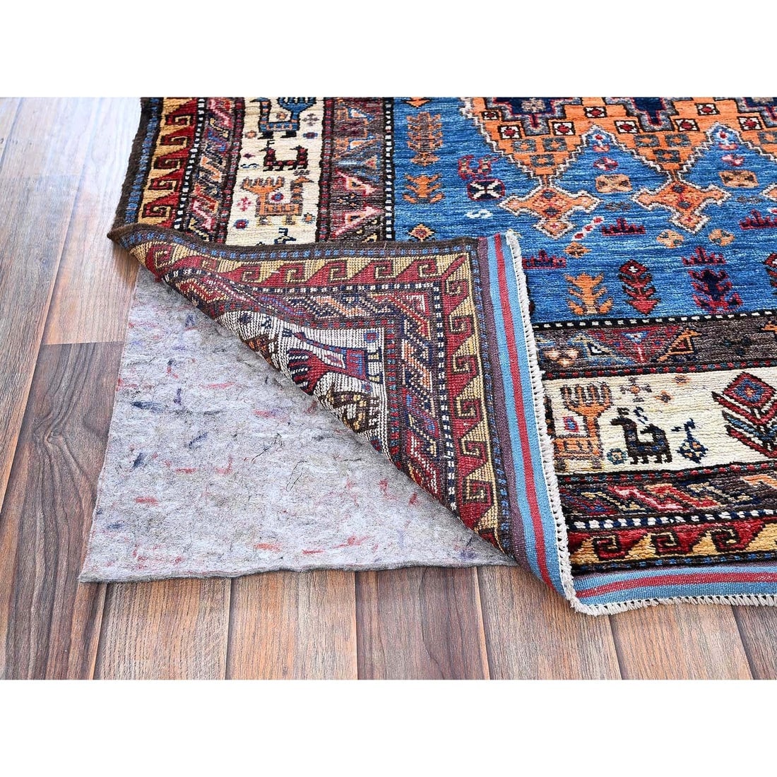 Blue Afghan Ersari with Caucasian Design Revival Hand Knotted Wool Rug - 3