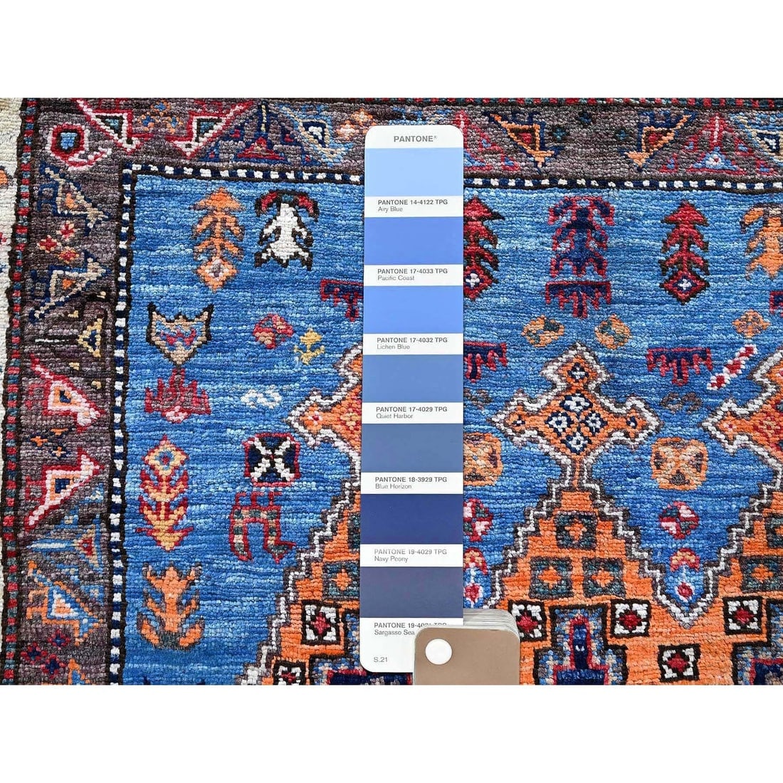 Blue Afghan Ersari with Caucasian Design Revival Hand Knotted Wool Rug - 4