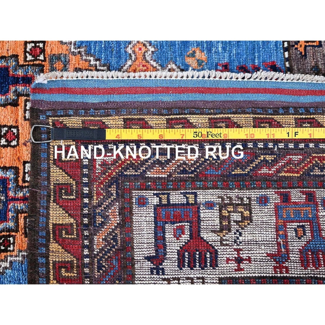 Blue Afghan Ersari with Caucasian Design Revival Hand Knotted Wool Rug - 7