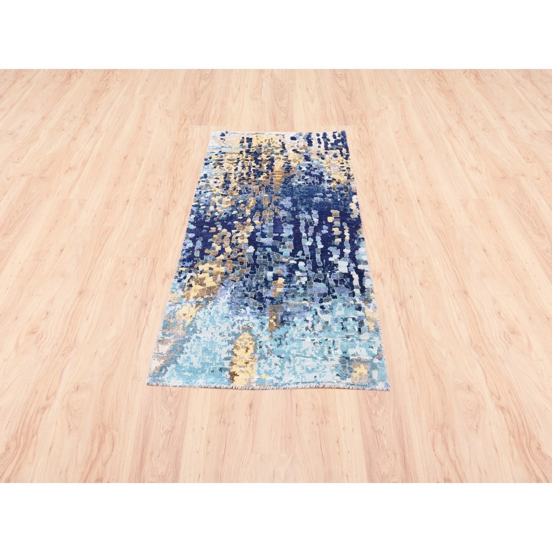 Hand Knotted Blue Mosaic Design Wool and Silk Oriental Runner Rug - 2