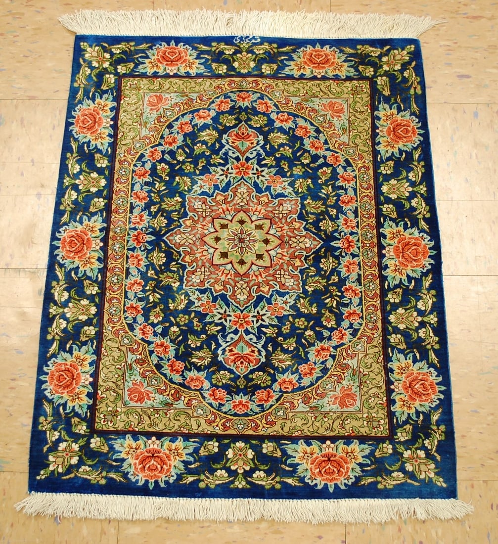 Persian QOME RUG 2' x 2'7": Title:Persian QOME RUG 2' x 2'7" Descritpion:HIGHLY DETAILED FINE MASTER PIECE NATURAL SILK PRE-REVOLUTION WOVEN SIGNED BY MASTER WEAVER "mohammadi" Persian QOME,GHOM,GOM,QUM ORIENTAL RUG .....with ex