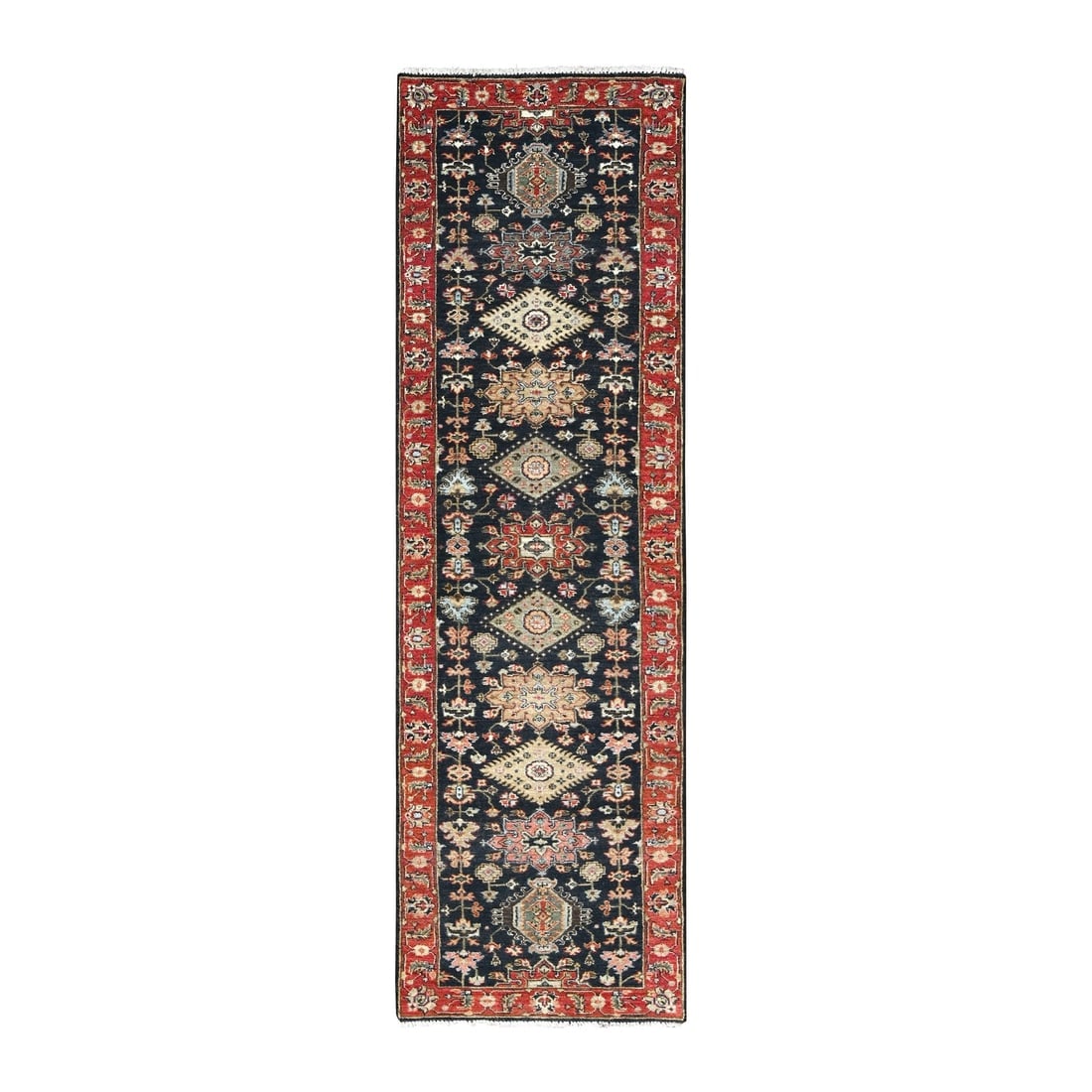 Denim Black, Organic Wool, Hand Knotted, Karajeh Design Runner Rug: Title: Denim Black, Organic Wool, Hand Knotted, Karajeh Design Runner Rug Description:This is a truly genuine one-of-a-kind. It has been Knotted for months and months in the centuries-old weaving craf