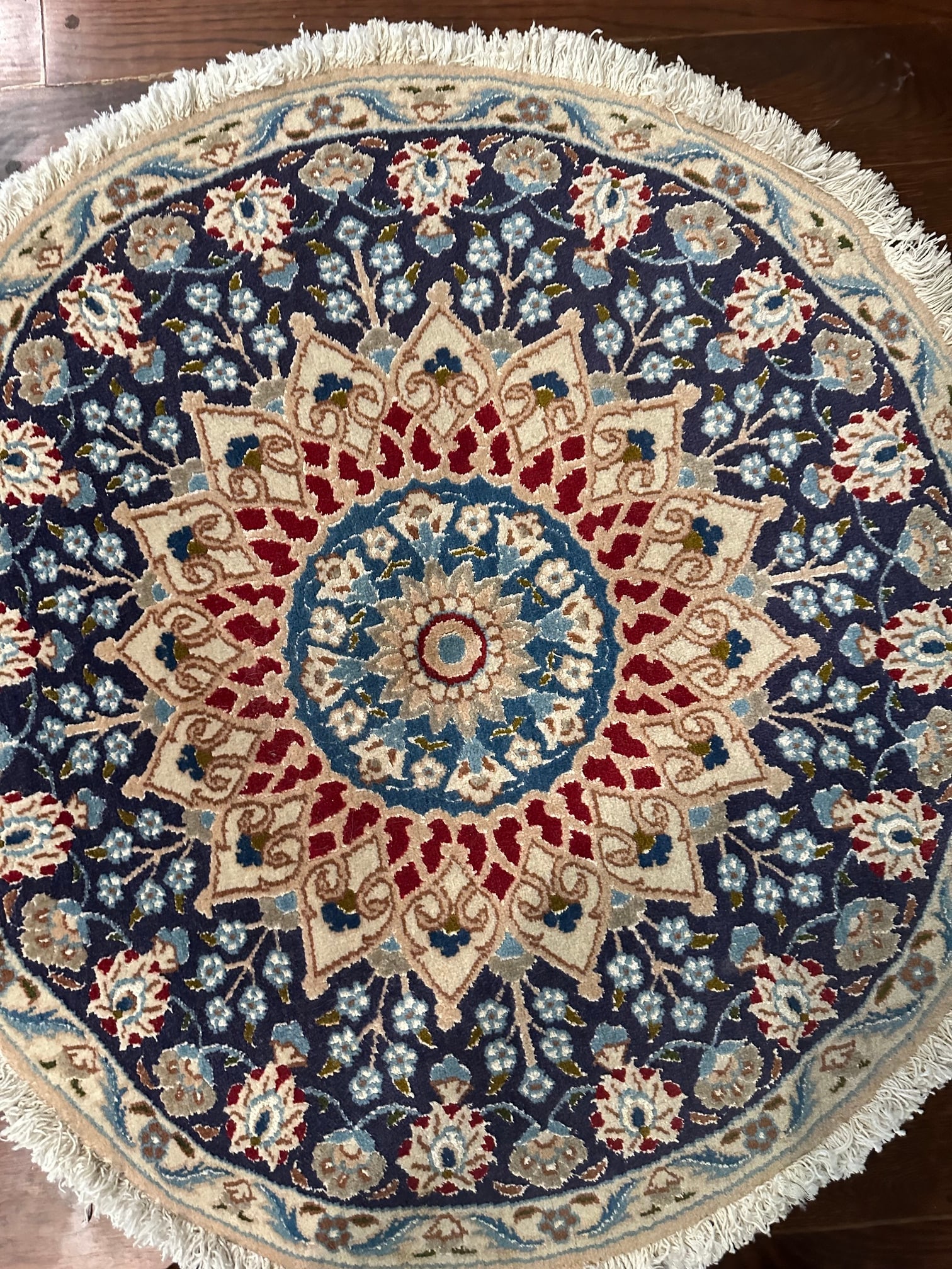 Hand Knotted Persian SilkandWool Rug 3x3 ft: Title:Hand Knotted Persian SilkandWool Rug 3x3 ft Description:Hand Knotted Persian SilkandWool Rug 3x3 ft Size:3x3 ft Circa:1980 Origin: Material:100 %Wool Reserve: $225.00 Shipping: Domestic: