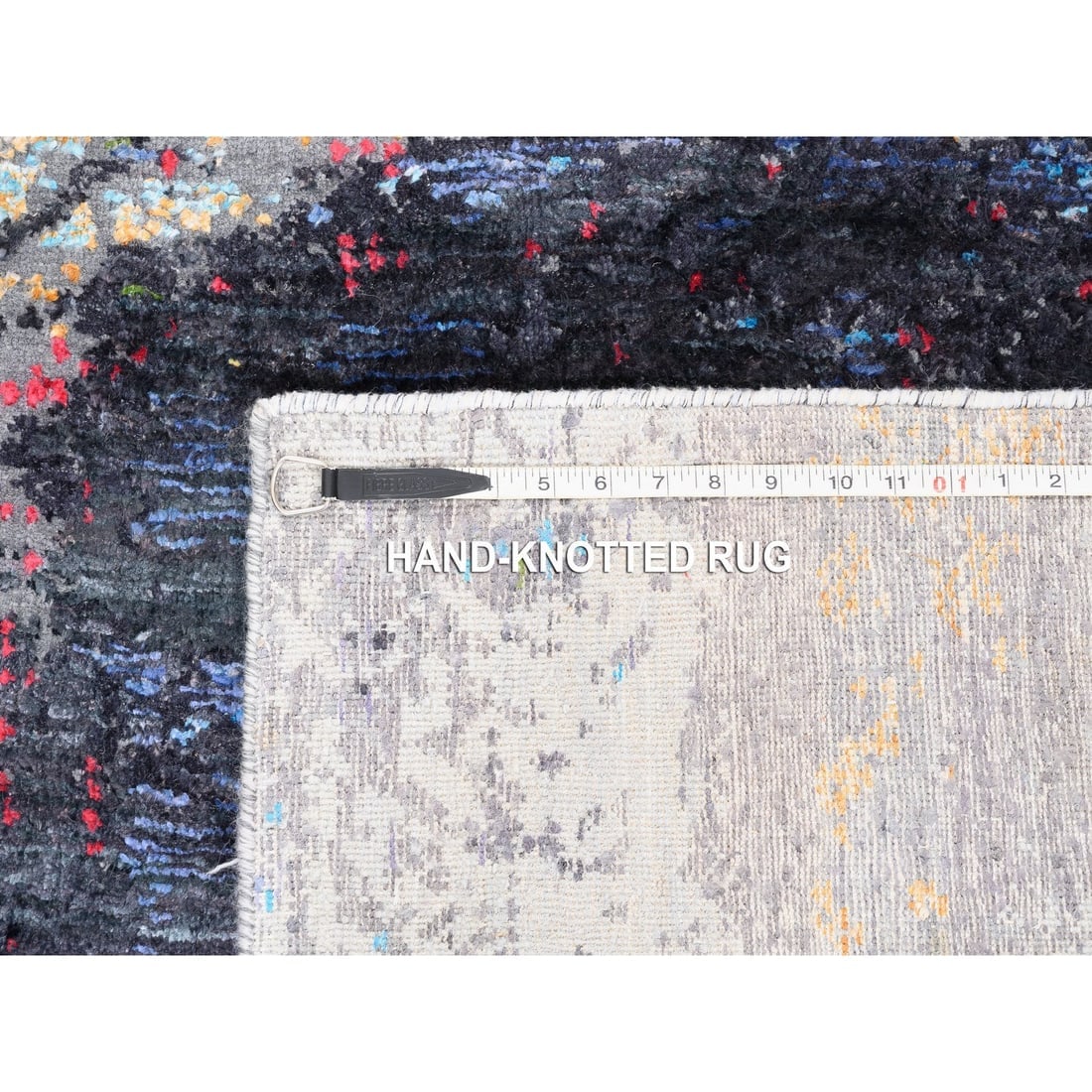 Charcoal Black With Pop Of Colors Modern Wool-Silk Hand Knotted Rug - 11