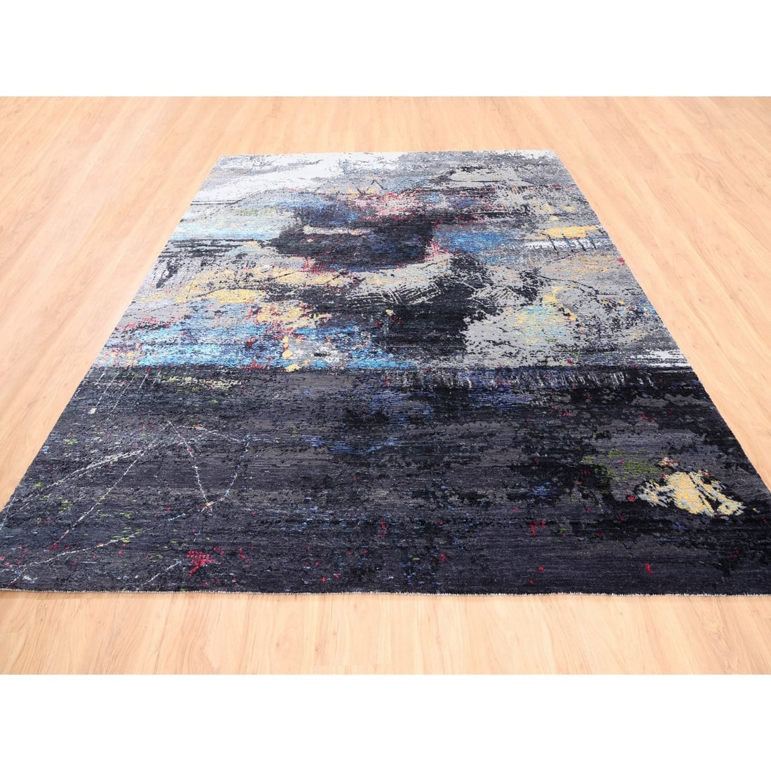 Charcoal Black With Pop Of Colors Modern Wool-Silk Hand Knotted Rug - 2