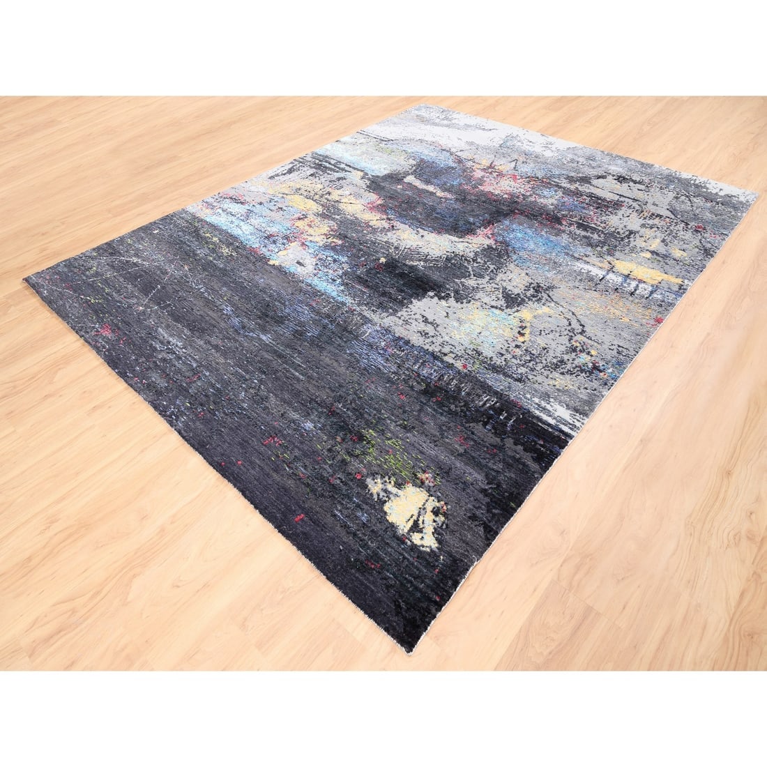 Charcoal Black With Pop Of Colors Modern Wool-Silk Hand Knotted Rug - 3