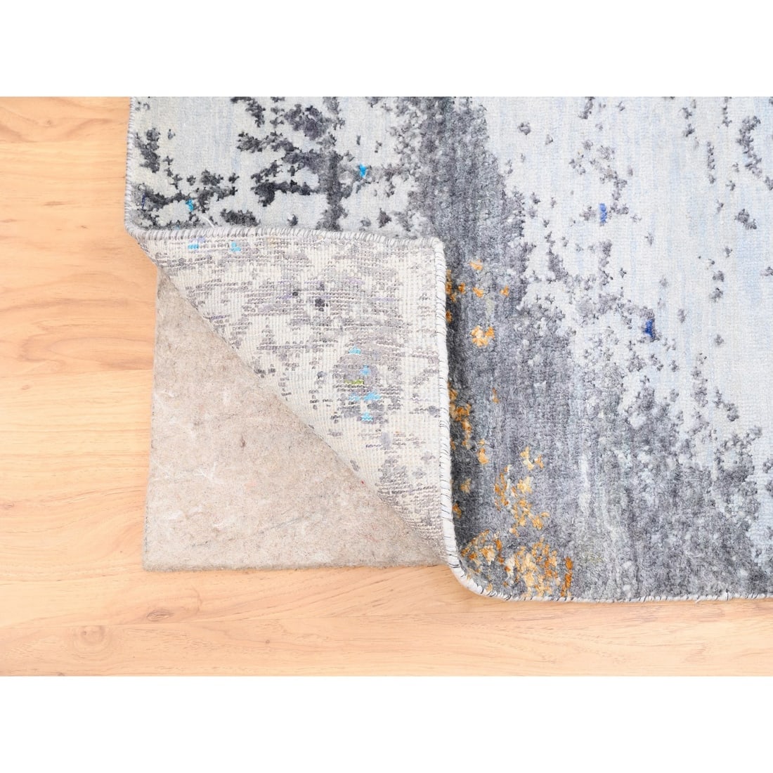 Charcoal Black With Pop Of Colors Modern Wool-Silk Hand Knotted Rug - 4