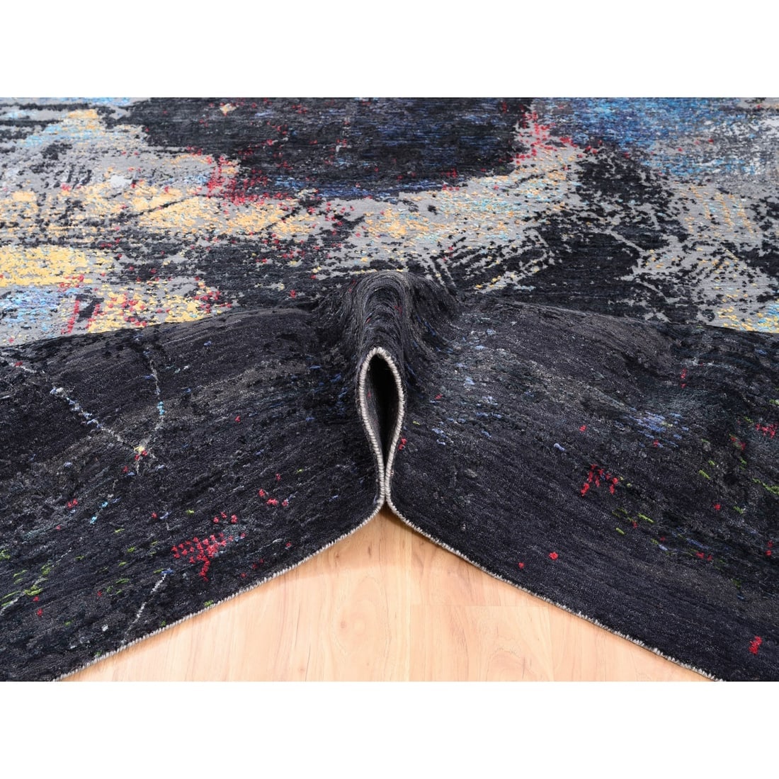 Charcoal Black With Pop Of Colors Modern Wool-Silk Hand Knotted Rug - 5