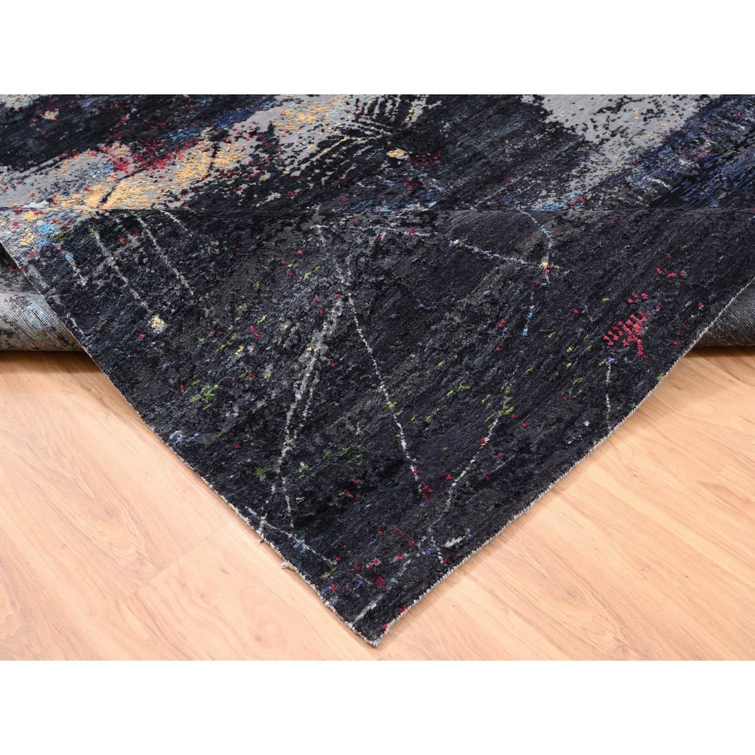 Charcoal Black With Pop Of Colors Modern Wool-Silk Hand Knotted Rug - 6