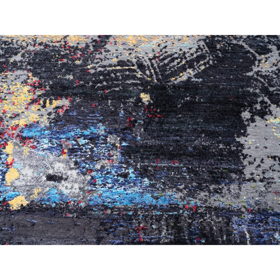 Charcoal Black With Pop Of Colors Modern Wool-Silk Hand Knotted Rug - 8