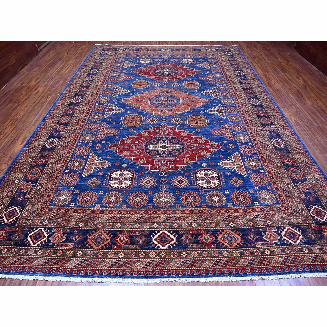 Neon Blue Hand Knotted Triple Medallions Wool Super Kazak Oriental Rug - 2
