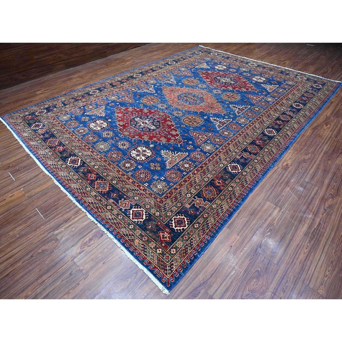 Neon Blue Hand Knotted Triple Medallions Wool Super Kazak Oriental Rug - 3