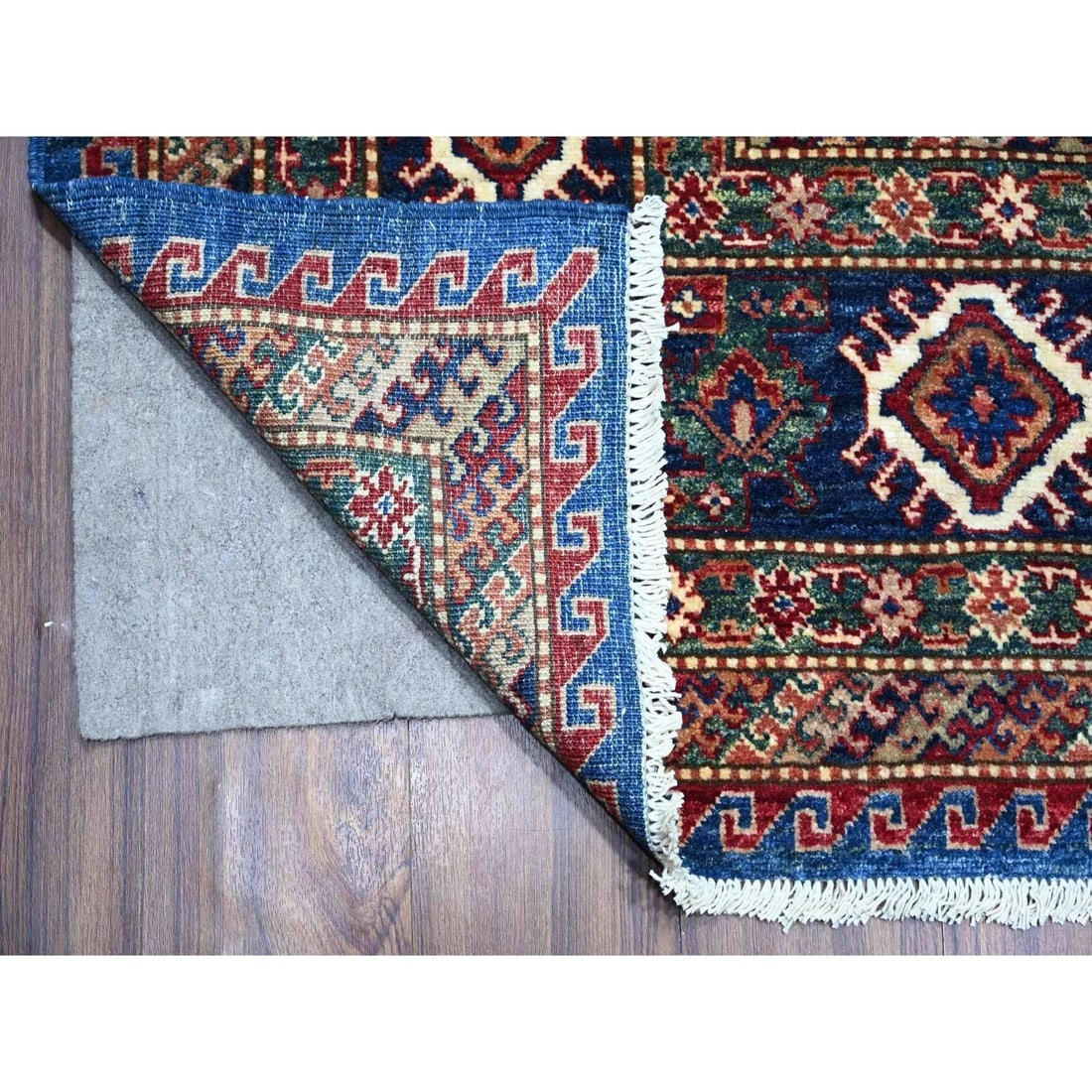 Neon Blue Hand Knotted Triple Medallions Wool Super Kazak Oriental Rug - 4