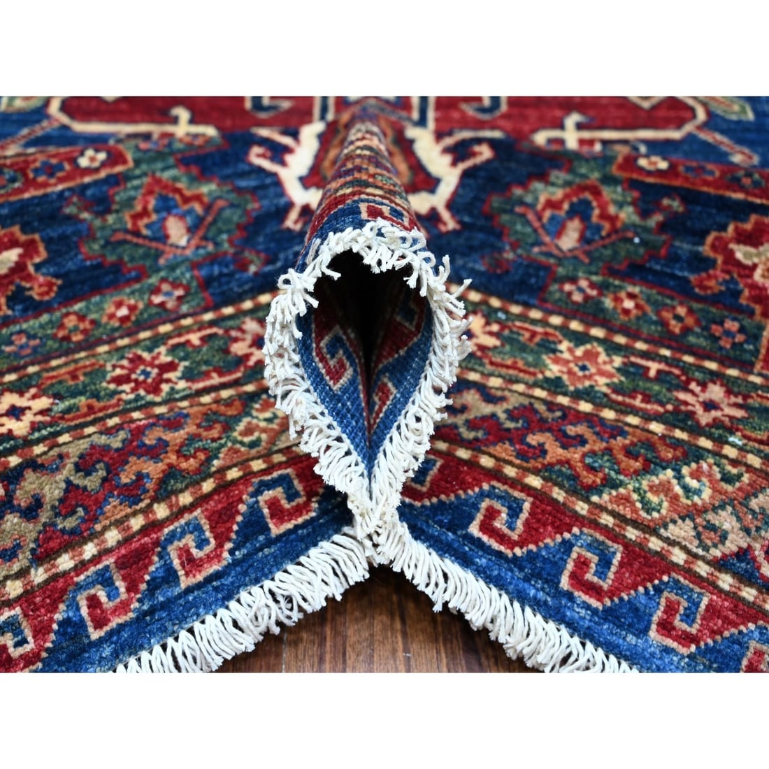 Neon Blue Hand Knotted Triple Medallions Wool Super Kazak Oriental Rug - 5