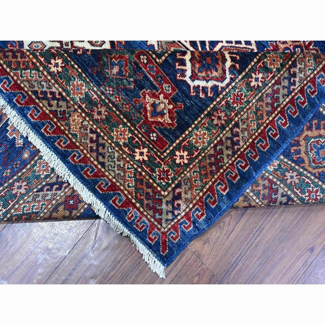 Neon Blue Hand Knotted Triple Medallions Wool Super Kazak Oriental Rug - 6