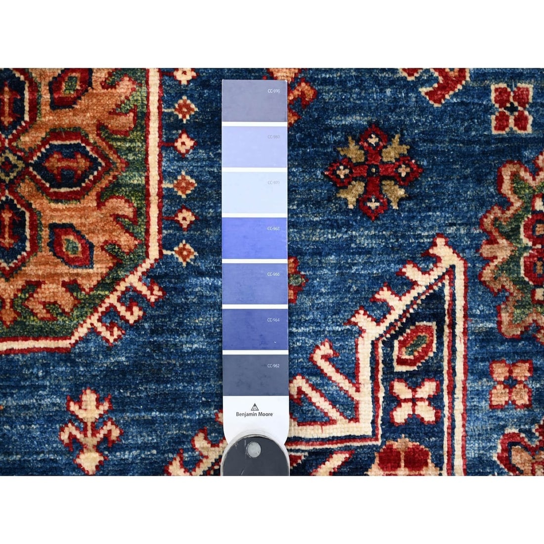 Neon Blue Hand Knotted Triple Medallions Wool Super Kazak Oriental Rug - 7