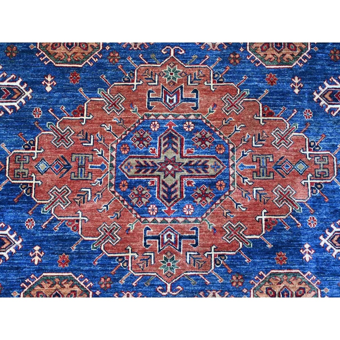 Neon Blue Hand Knotted Triple Medallions Wool Super Kazak Oriental Rug - 8