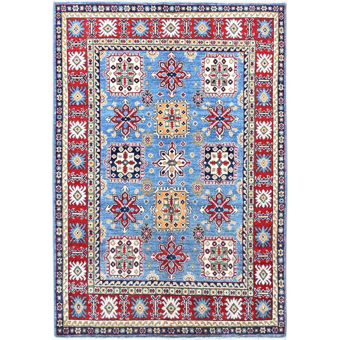 Quilt Blue Kazak Geometric Design Soft Wool Hand Knotted Oriental Rug (1 of 7)