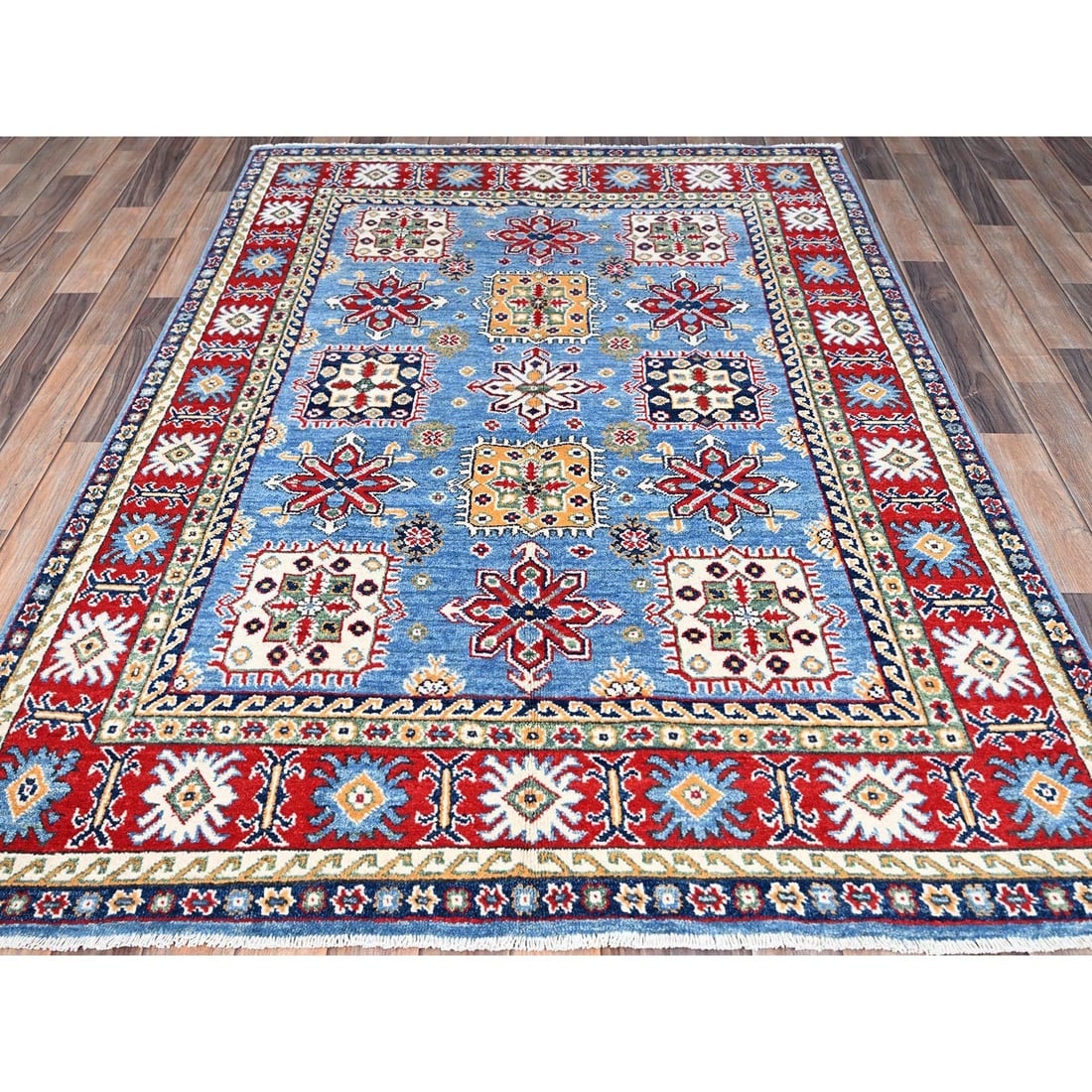 Quilt Blue Kazak Geometric Design Soft Wool Hand Knotted Oriental Rug - 2