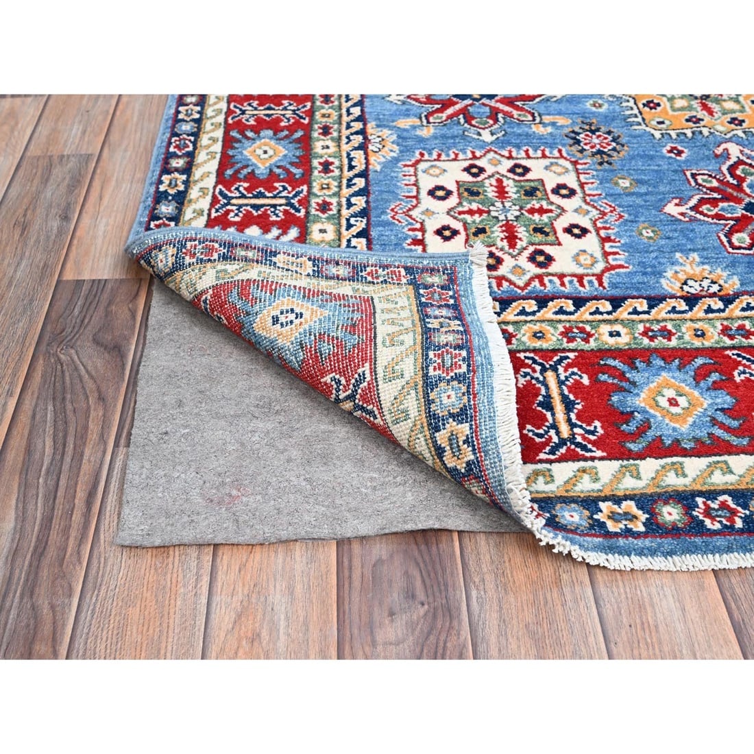 Quilt Blue Kazak Geometric Design Soft Wool Hand Knotted Oriental Rug - 3