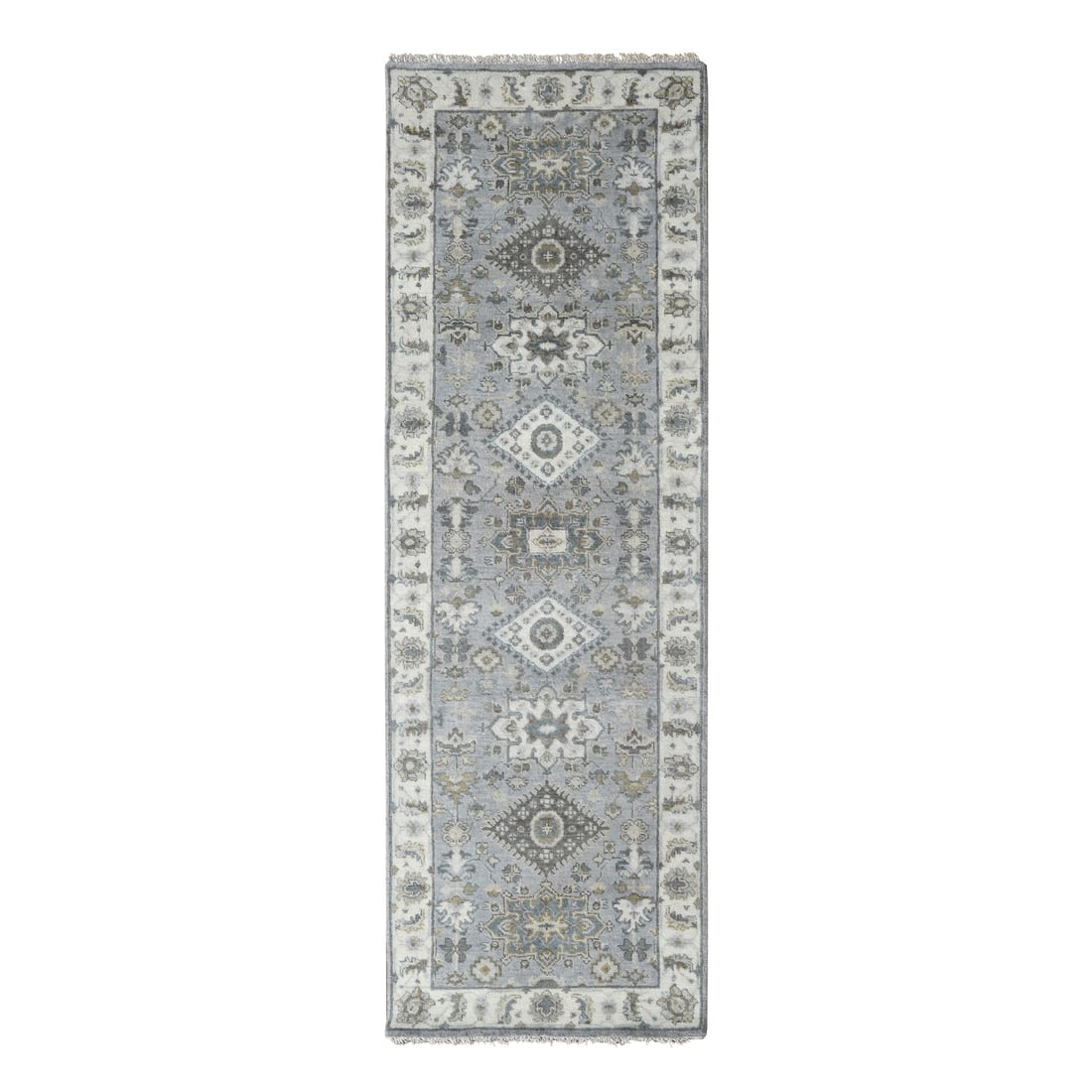 Medium Gray, Hand Knotted, Karajeh Design, Natural Wool, Runner Rug: Title: Medium Gray, Hand Knotted, Karajeh Design, Natural Wool, Runner Rug Description:This is a truly genuine one-of-a-kind. It has been Knotted for months and months in the centuries-old weaving