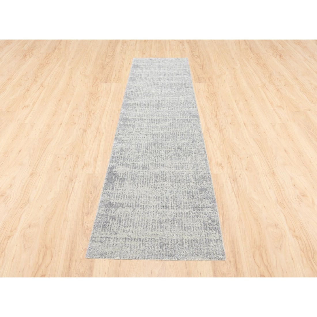 Fine Jacquard Gray Hand Loomed Modern Wool-Silk Runner Oriental Rug - 2
