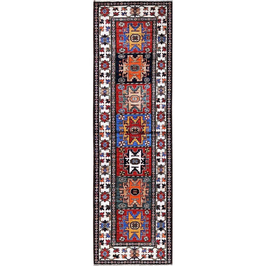 Colorful Caucasian Design Revival Soft Wool Hand Knotted Runner Rug: Title: Colorful Caucasian Design Revival Soft Wool Hand Knotted Runner Rug Description:This is a truly genuine one-of-a-kind. It has been Knotted for months and months in the centuries-old weaving