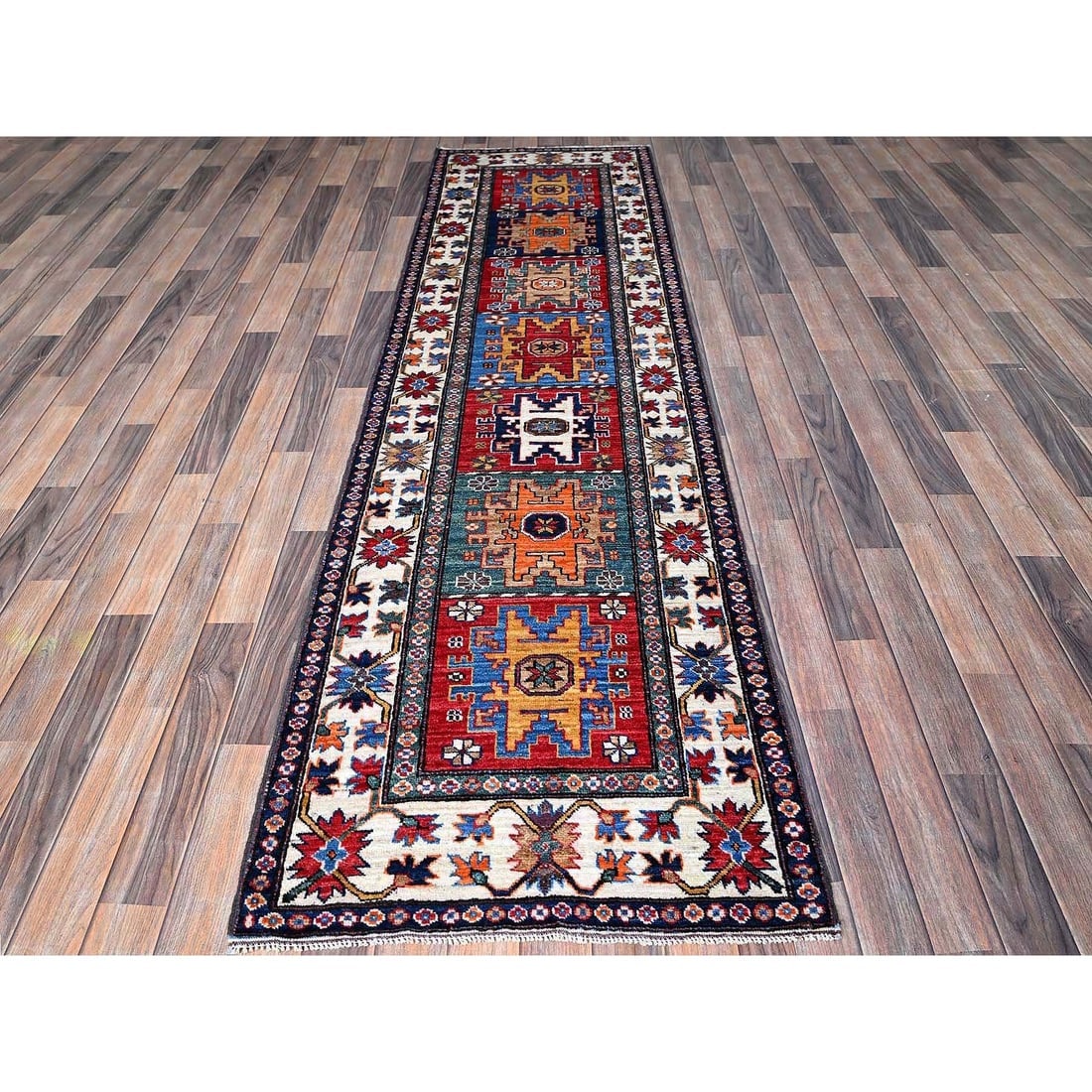 Colorful Caucasian Design Revival Soft Wool Hand Knotted Runner Rug - 2