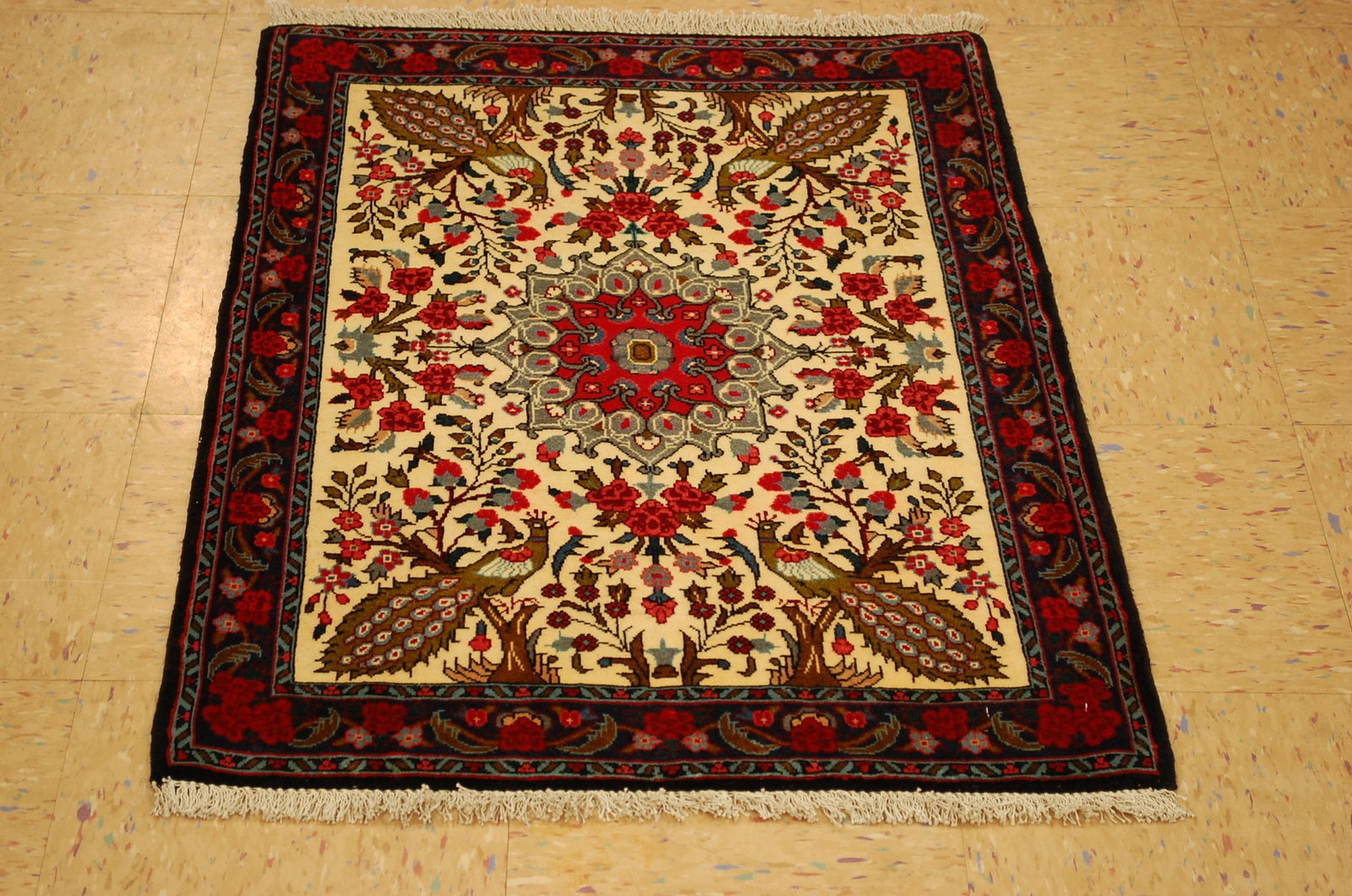 Persian BIJAR RUG,2'4" x 3'3": Title: Persian BIJAR RUG,2'4" x 3'3" Descritpion:OLD,ANTIQUE HIGHLY DETAILED FINE HIGH KPSI Persian BIJAR ORIENTAL RUG WITH PEACOCK BIRD SUBJECTS........with exact size of 2' 4" x 3' 3"...........KURK