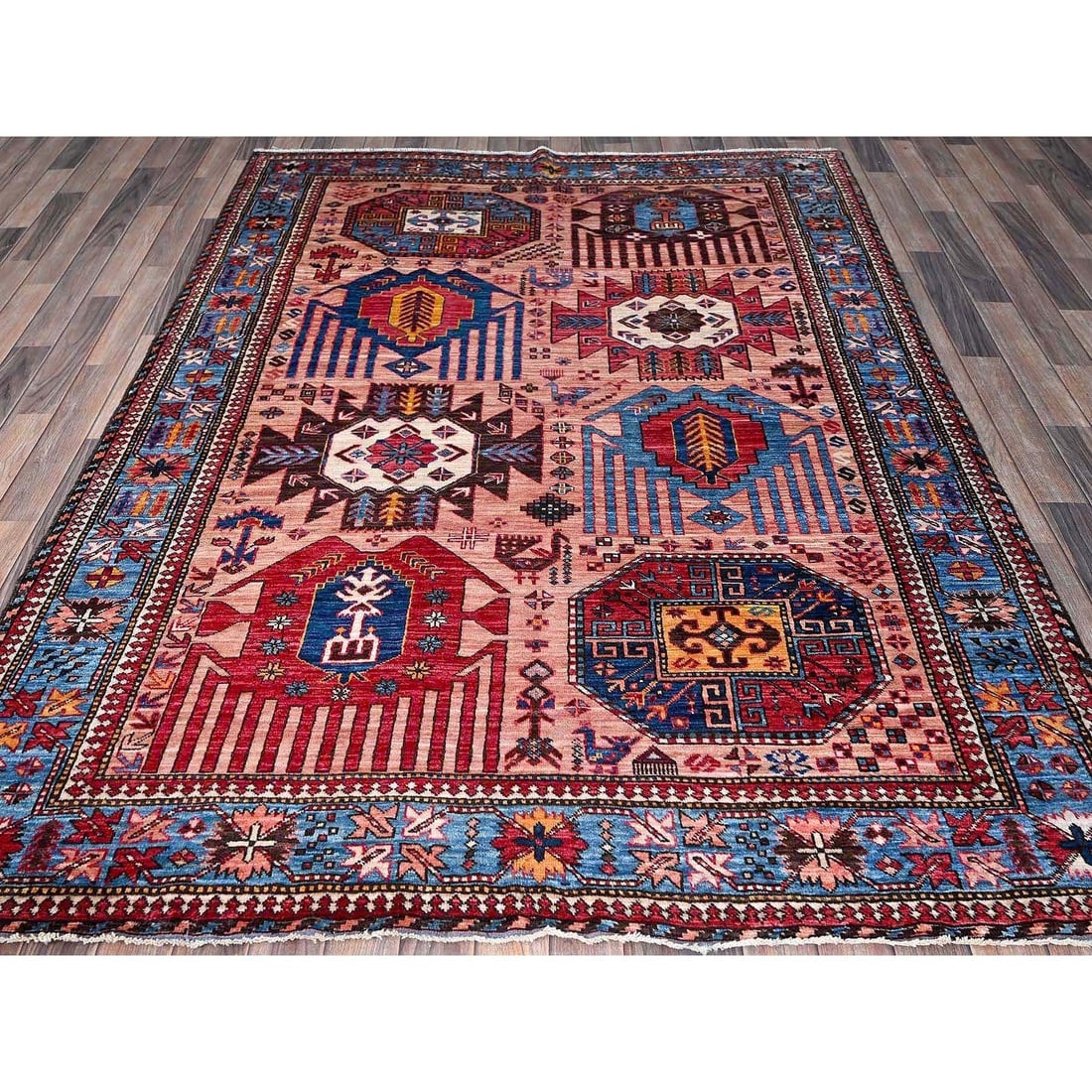 Rose Pink Afghan Ersari Caucasian Design Revival Hand Knotted Wool Rug - 3