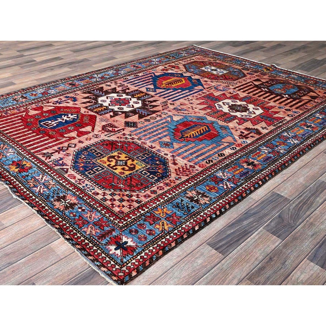 Rose Pink Afghan Ersari Caucasian Design Revival Hand Knotted Wool Rug - 4