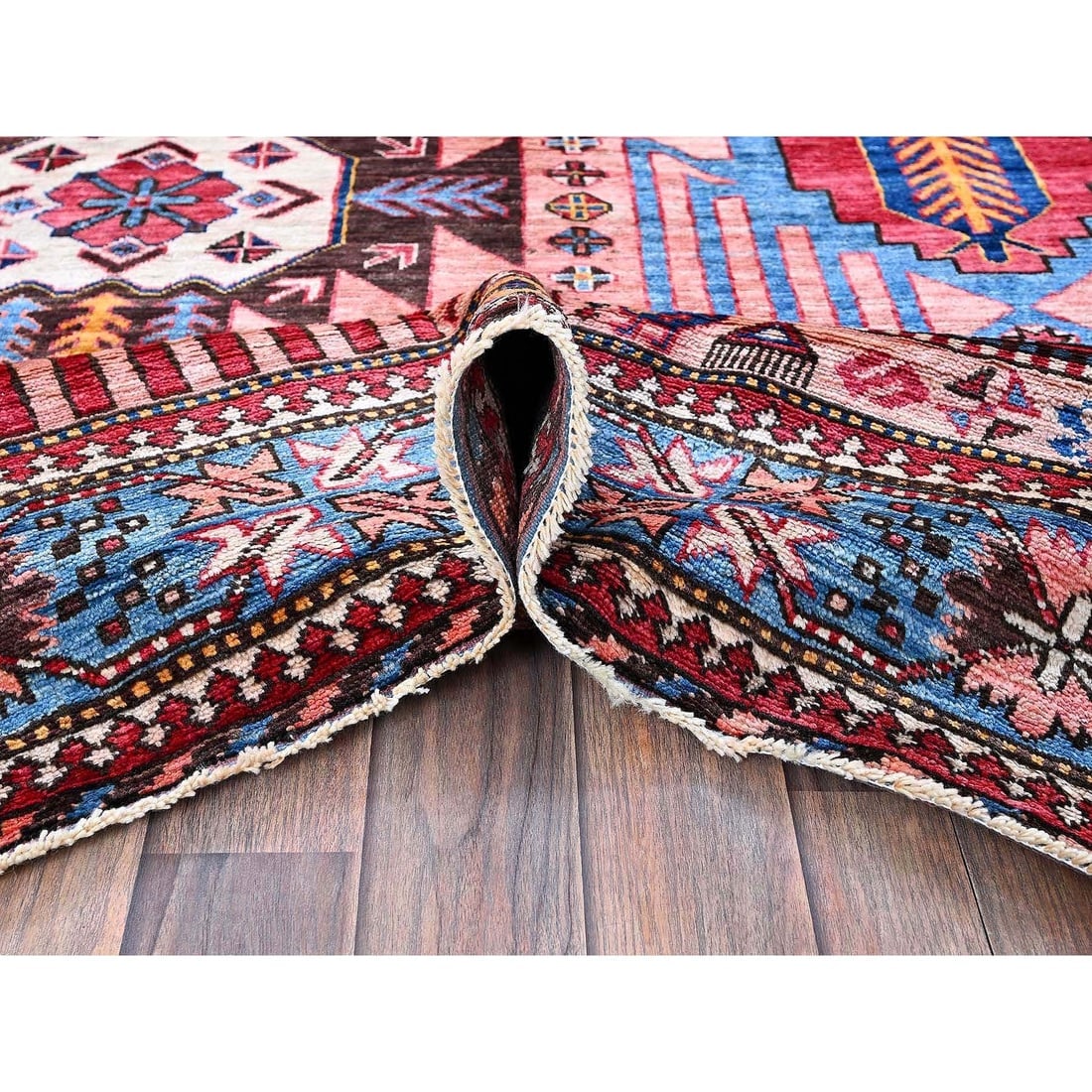 Rose Pink Afghan Ersari Caucasian Design Revival Hand Knotted Wool Rug - 6