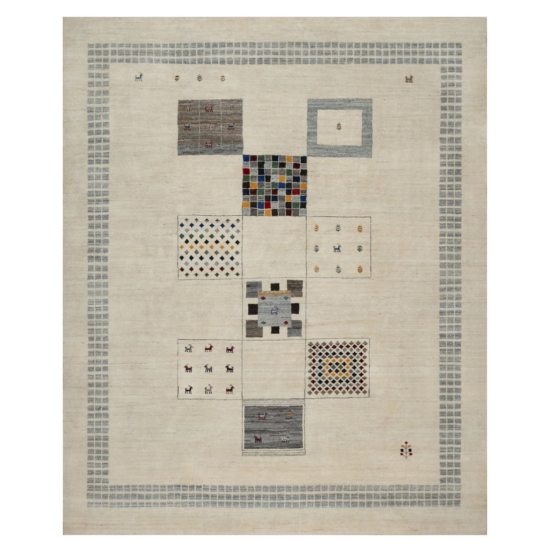 White Modern Wool Hand Knotted Animal Figurines Lori Buft Gabbeh Rug: Title: White Modern Wool Hand Knotted Animal Figurines Lori Buft Gabbeh Rug Description:This is a truly genuine one-of-a-kind. It has been Knotted for months and months in the centuries-old weaving