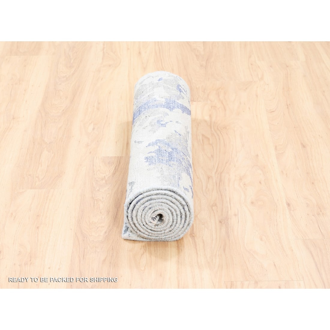 Beige With Touches Of Blue Modern Wool And Silk Hand Knotted Rug - 6