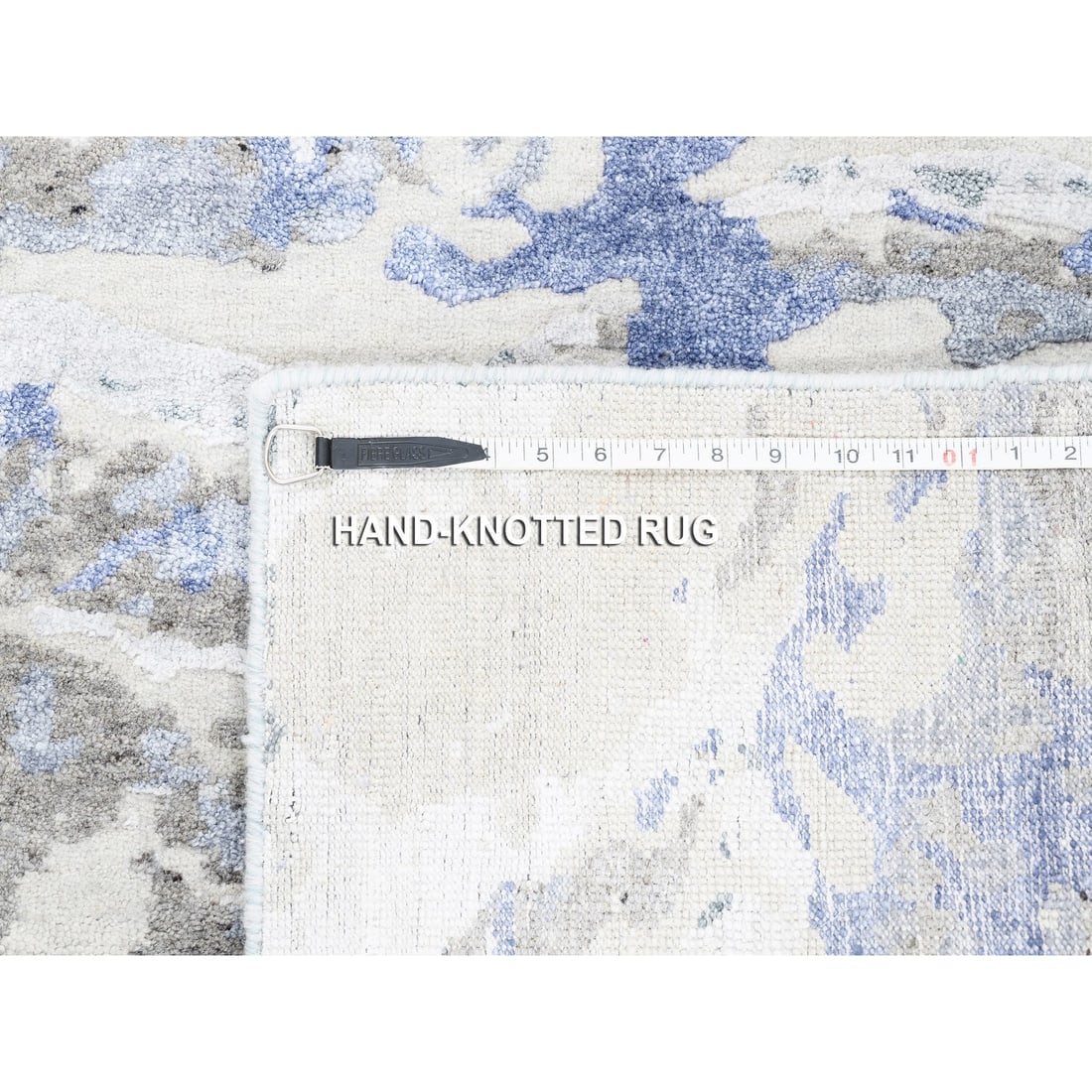 Beige With Touches Of Blue Modern Wool And Silk Hand Knotted Rug - 8