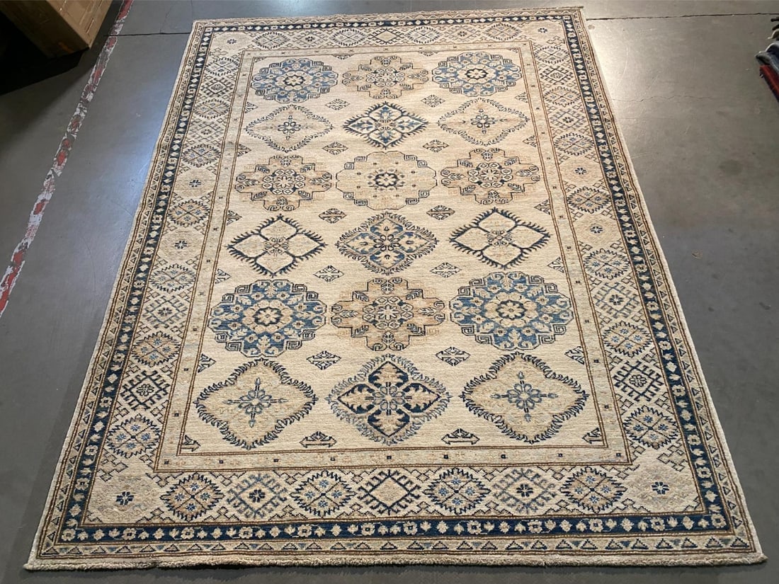 FINE HAND SUPER KAZAK RUG 5'.2"X6'.8": Title:FINE HAND SUPER KAZAK RUG 5'.2"X6'.8" Description:5'.2"X6'.8" Super quality Kazak Rug, hand spun and hand knotted rug in Pakistan 100% Vegge Dye natural wool pile , in Ivory and different
