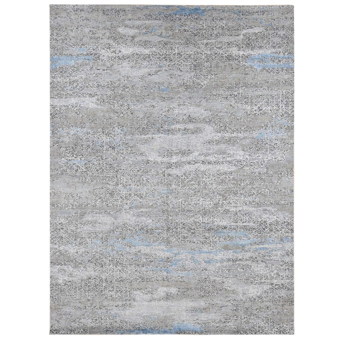 Gray, Wool and Silk, Intricate Contemporary Design, Hand Knotted Rug: Title: Gray, Wool and Silk, Intricate Contemporary Design, Hand Knotted Rug Description:This is a truly genuine one-of-a-kind. It has been Knotted for months and months in the centuries-old weaving