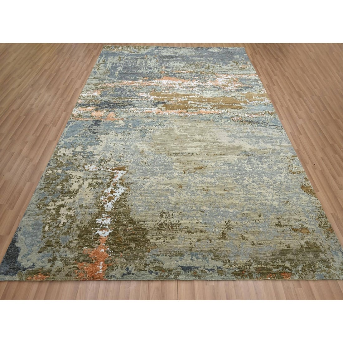 Green Persian Knot Abstract Galaxy Design Hand Knotted Pure Wool Rug - 2