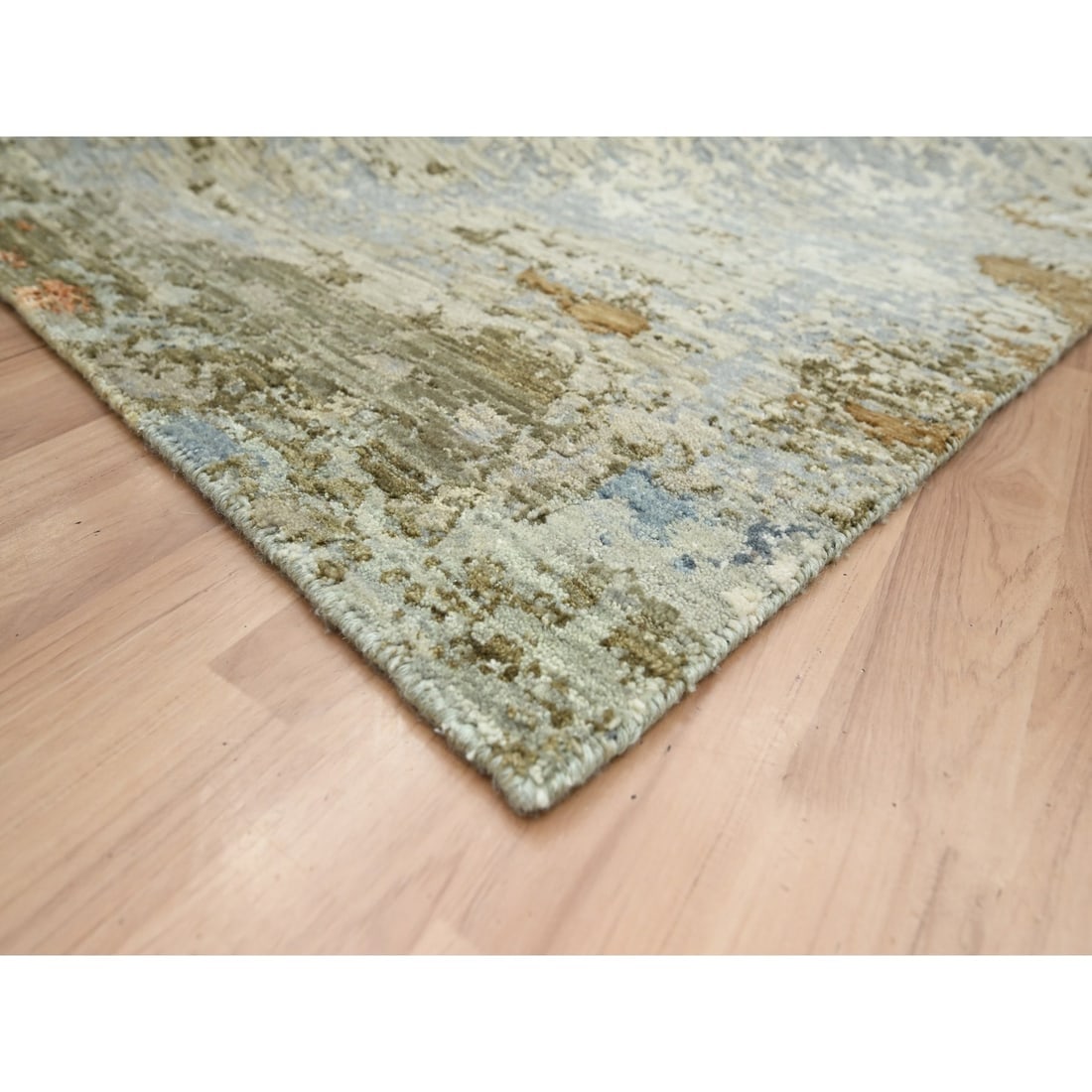 Green Persian Knot Abstract Galaxy Design Hand Knotted Pure Wool Rug - 6