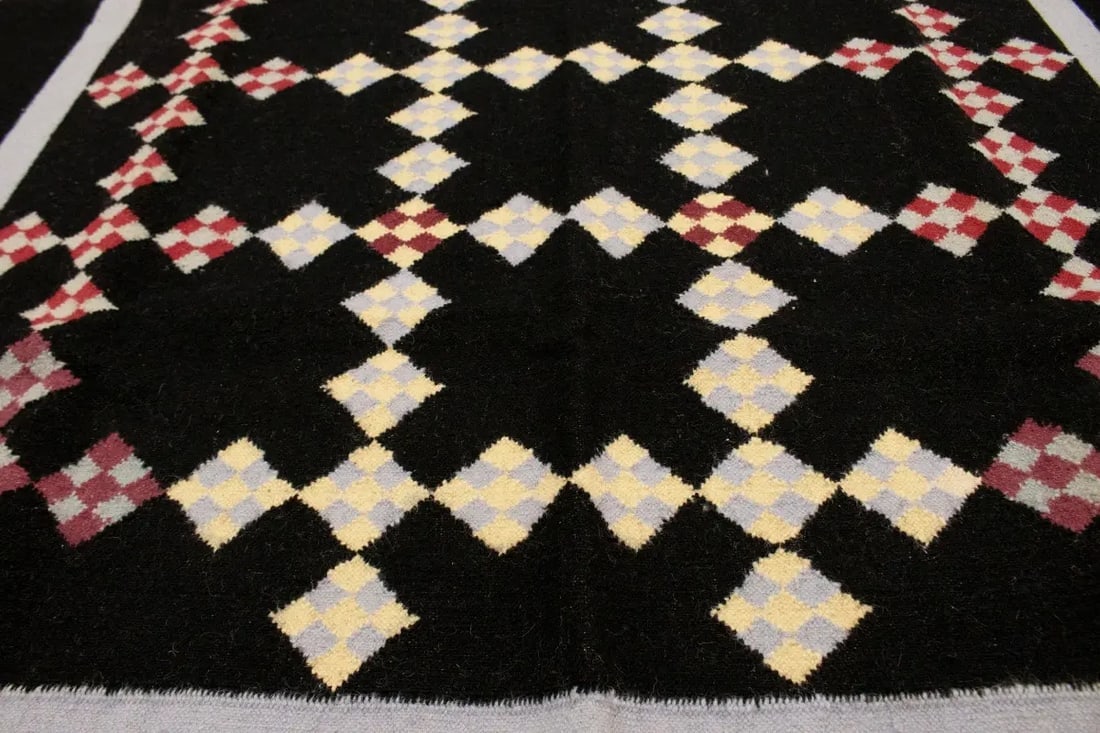 Black Geometric Dhurrie 6X9 Indian Oriental Rug - 10