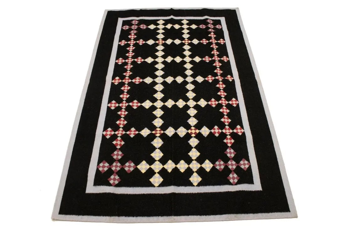 Black Geometric Dhurrie 6X9 Indian Oriental Rug - 3