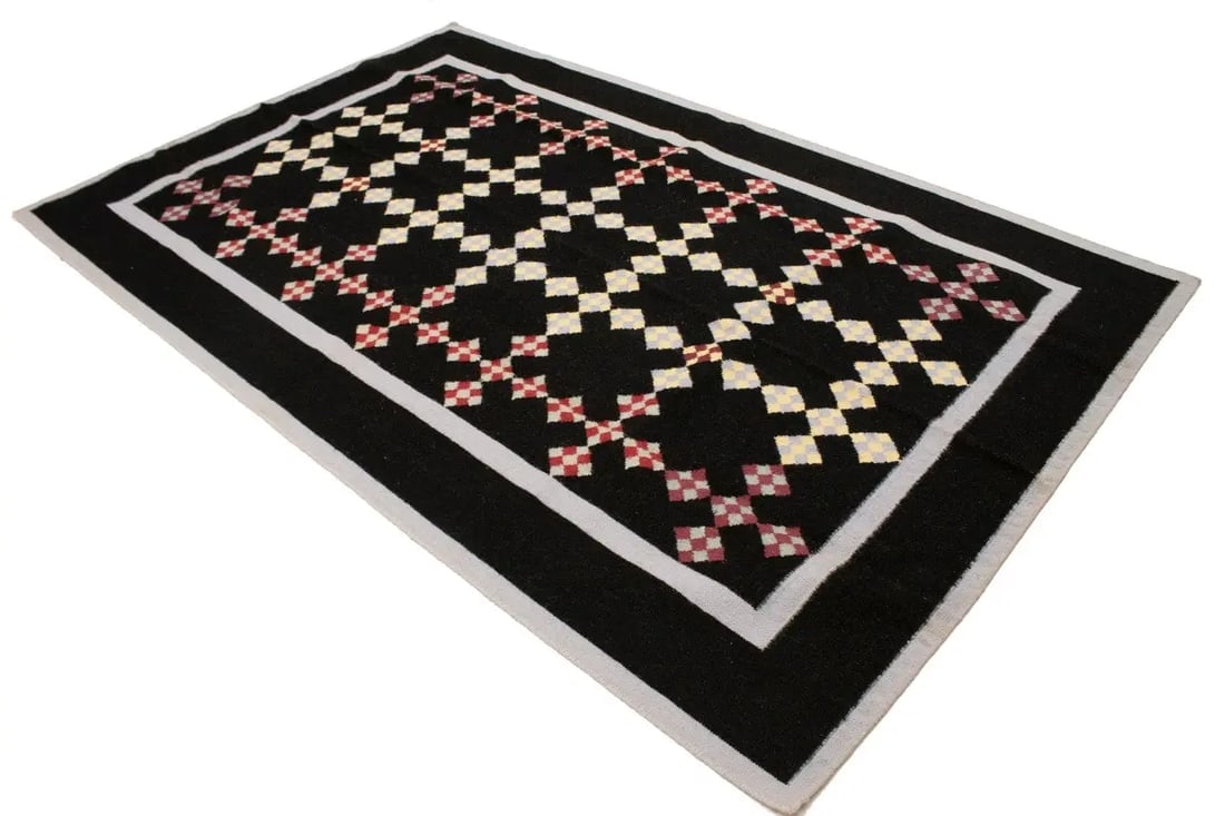 Black Geometric Dhurrie 6X9 Indian Oriental Rug - 4