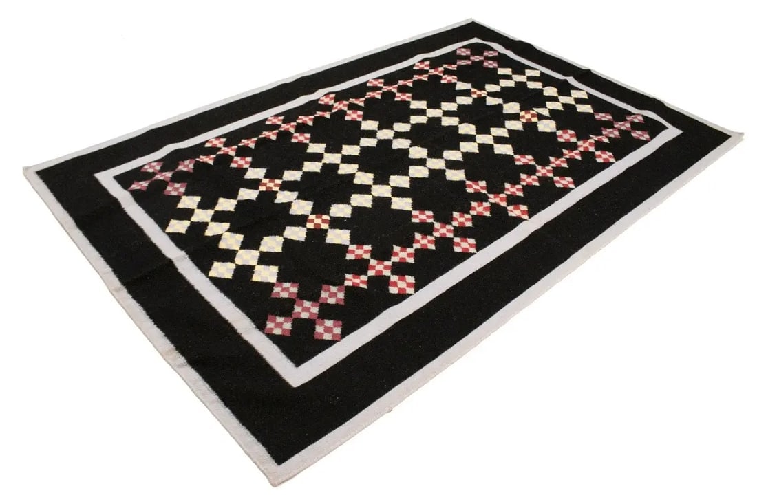 Black Geometric Dhurrie 6X9 Indian Oriental Rug - 5
