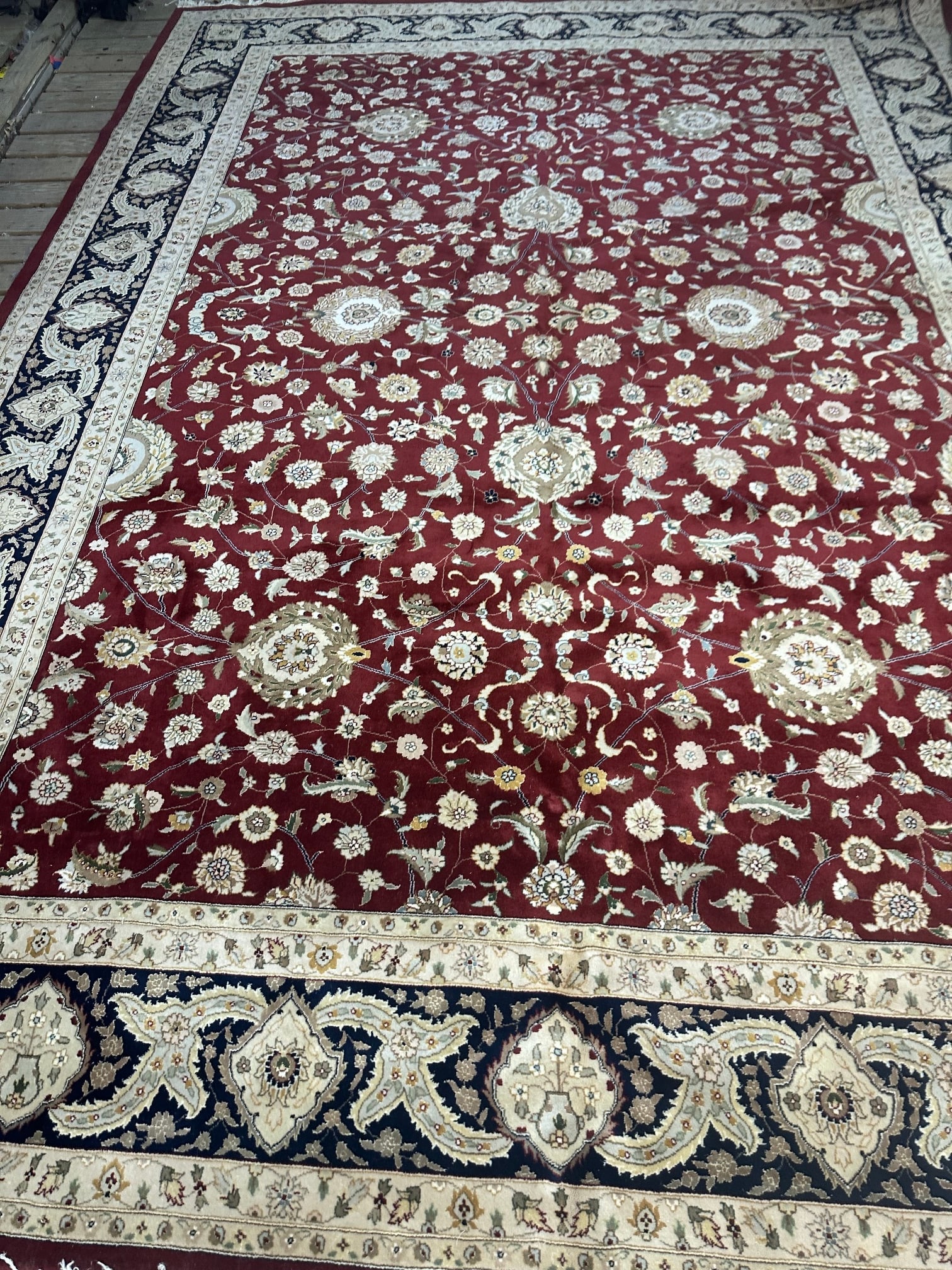 Hand Knotted Agra Tabriz Rug -14.3x10.3 ft: Title:Hand Knotted Agra Tabriz Rug -14.3x10.3 ft Description:Hand Knotted Agra Tabriz Rug -14.3x10.3 ft Size:14.3x10.3 ft Circa:1980 Origin: Material:100 %Wool Reserve: $600.00 Shipping: Domestic: